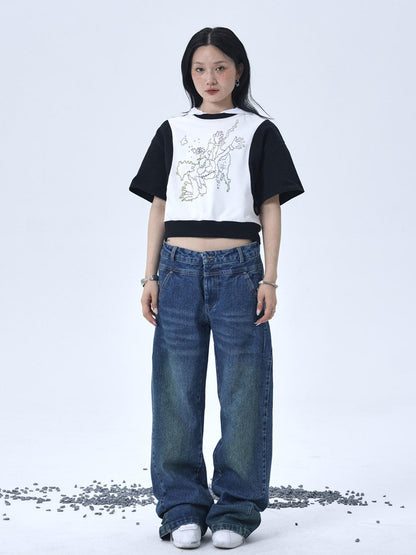 Achihara Map Print Cropped Cotton Tee