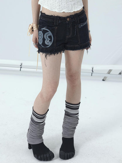 Achihara Maria Vintage Washed Denim Shorts Frayed Hem