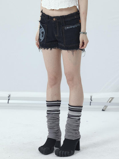 Achihara Maria Vintage Washed Denim Shorts Frayed Hem