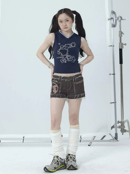 Maria Vintage Washed Denim Shorts Frayed Hem