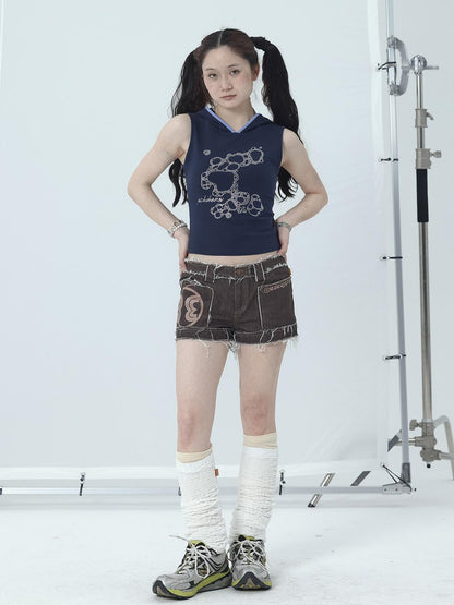 Achihara Maria Vintage Washed Denim Shorts Frayed Hem