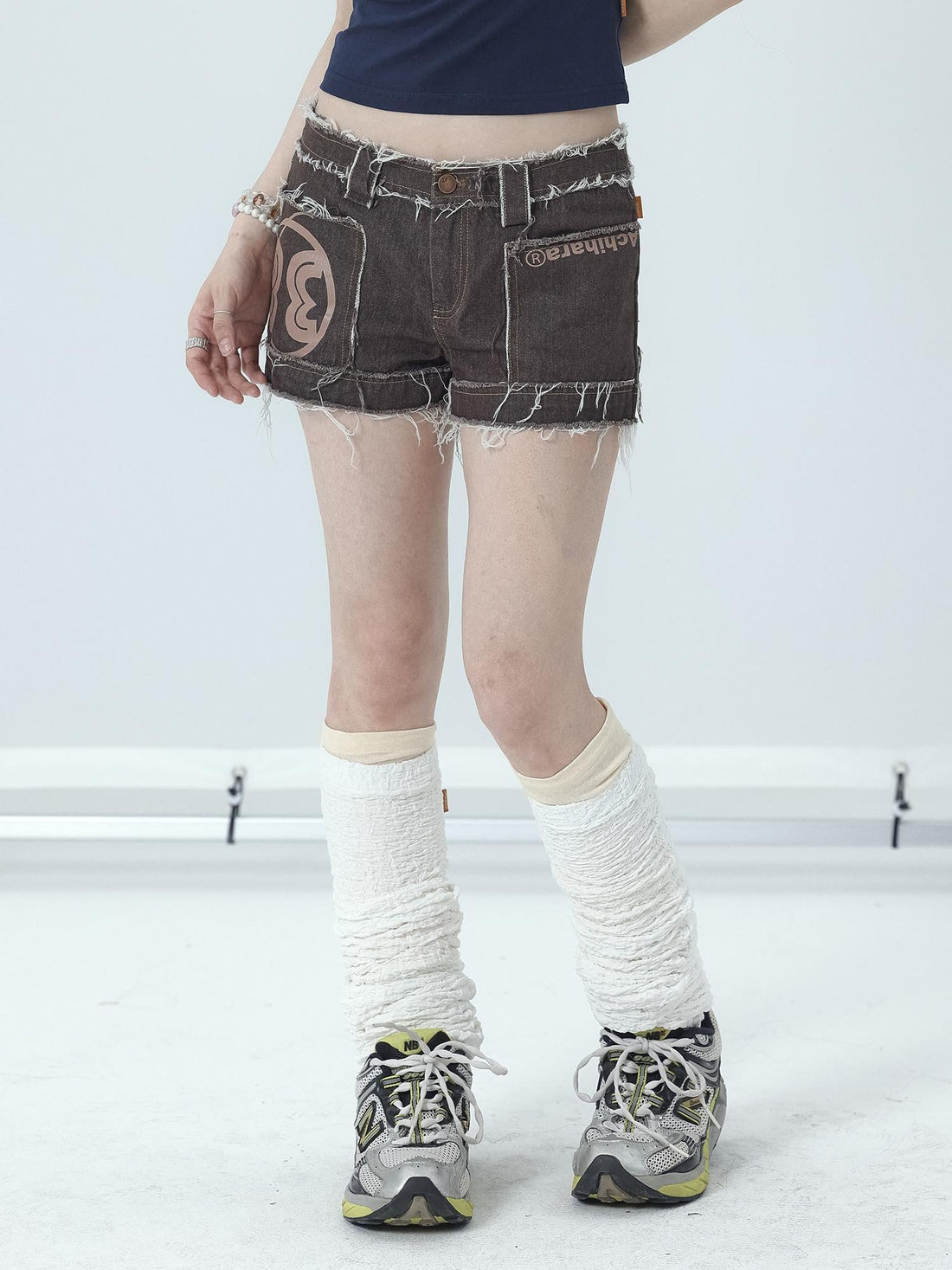 Achihara Maria Vintage Washed Denim Shorts Frayed Hem