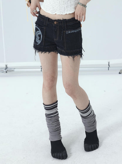 Achihara Maria Vintage Washed Denim Shorts Frayed Hem