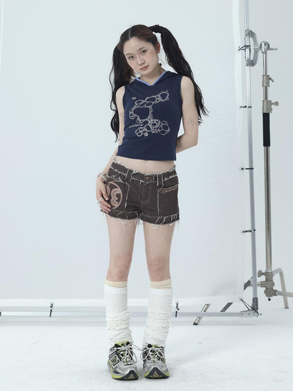 Achihara Maria Vintage Washed Denim Shorts Frayed Hem