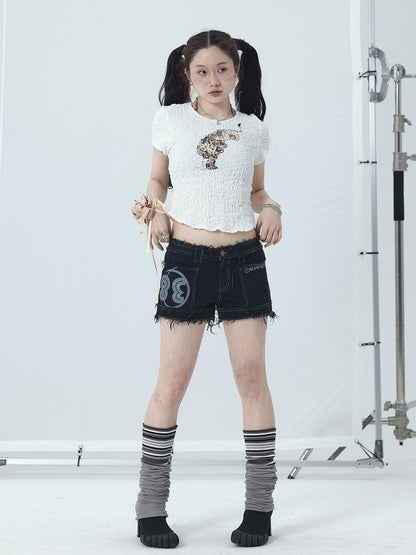 Achihara Maria Vintage Washed Denim Shorts Frayed Hem