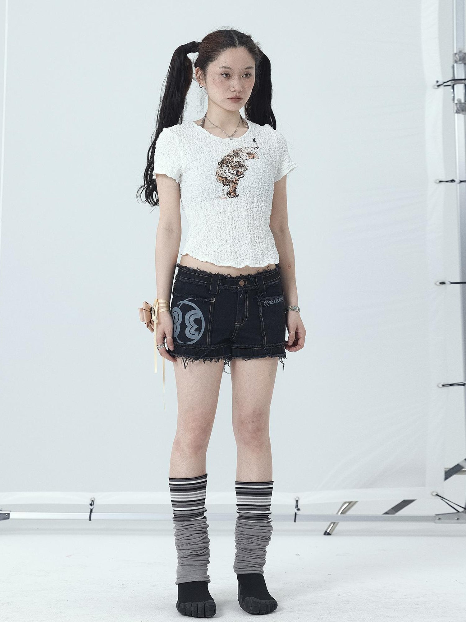 Achihara Maria Vintage Washed Denim Shorts Frayed Hem