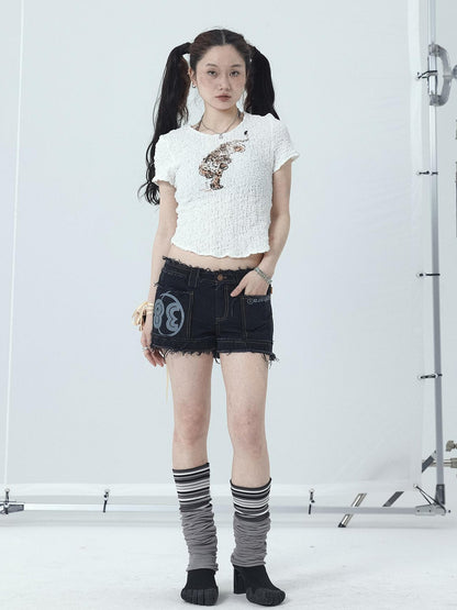 Achihara Maria Vintage Washed Denim Shorts Frayed Hem
