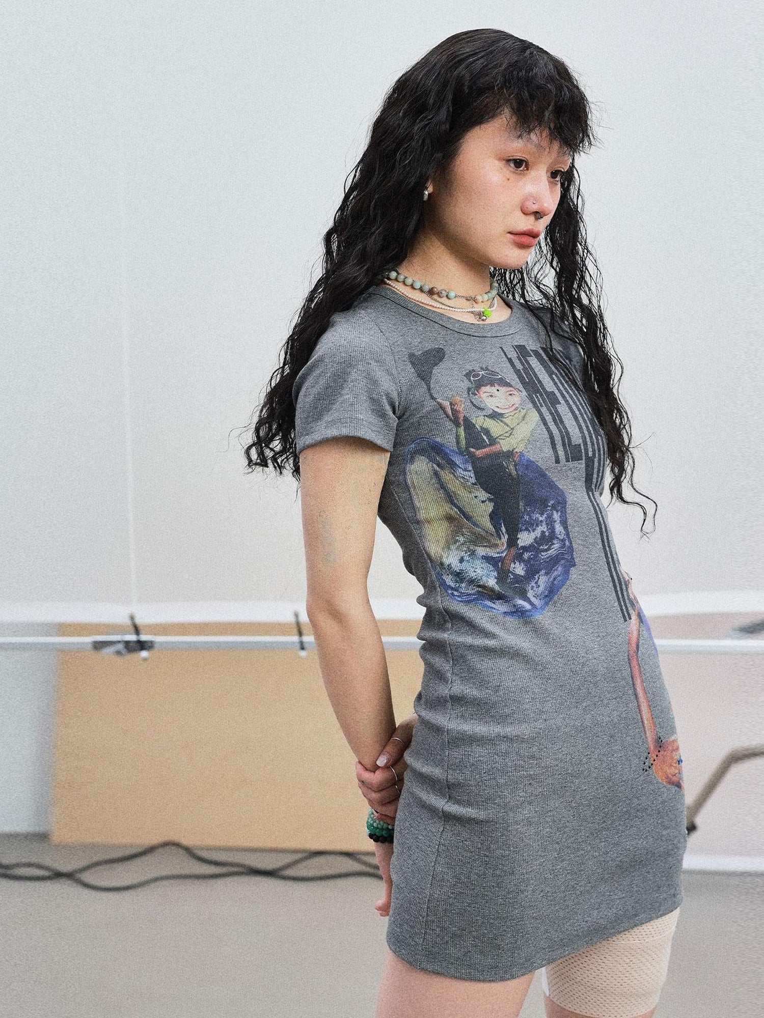 Achihara Meraki Universe T Shirt Dress V Neck Long Sleeve