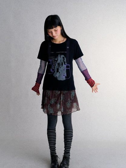Achihara Mesh Layered Print Color Block Women&