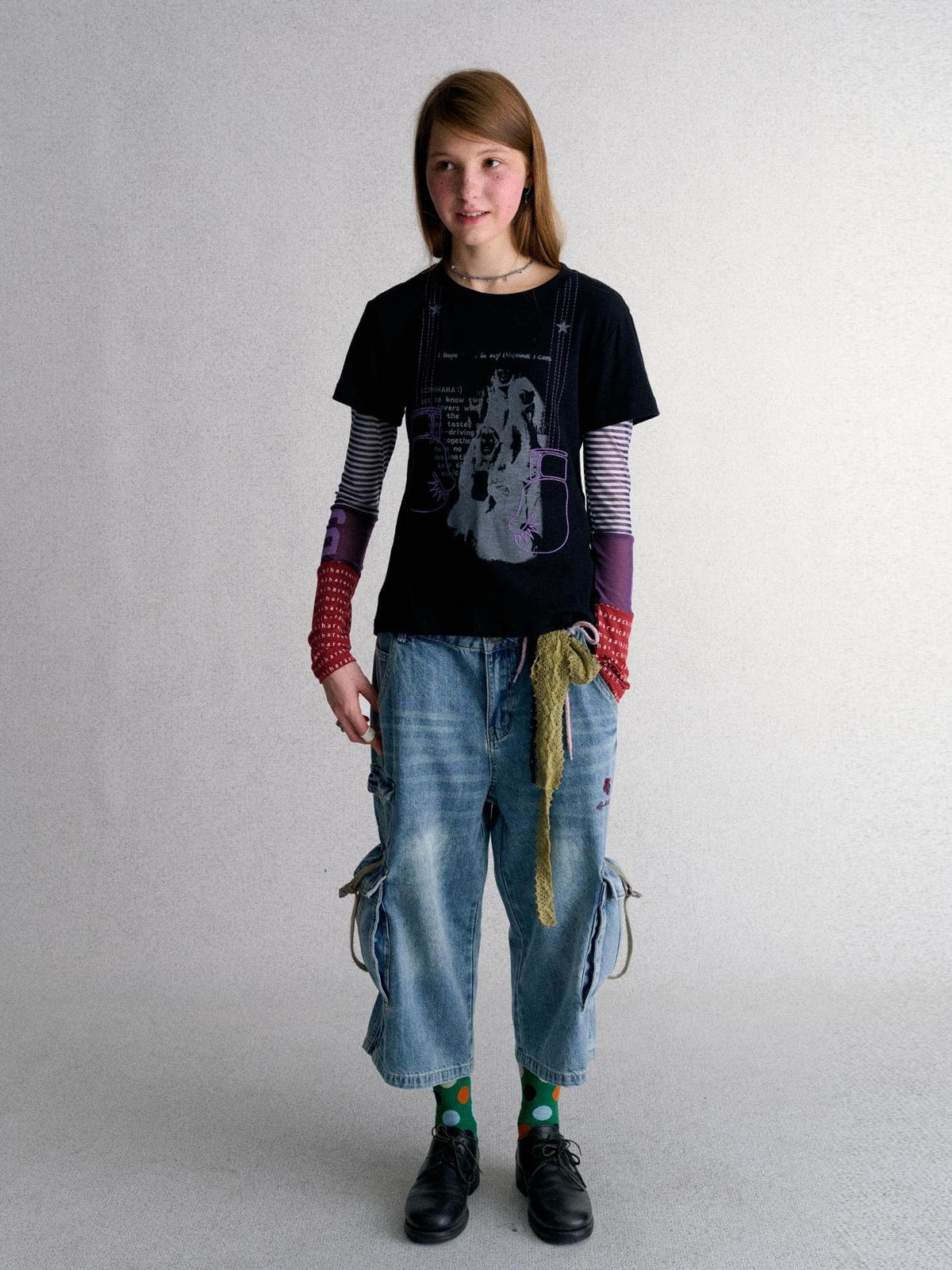 Achihara Mesh Layered Print Color Block Women&