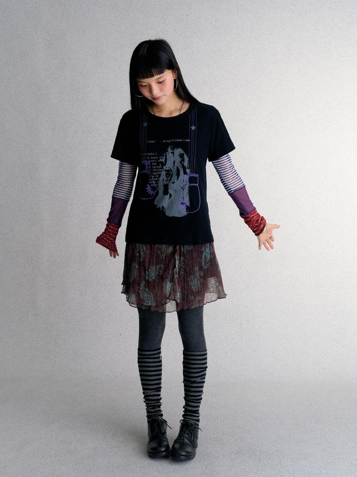 Achihara Mesh Layered Print Color Block Women&