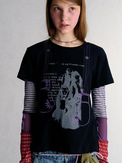 Achihara Mesh Layered Print Color Block Women&