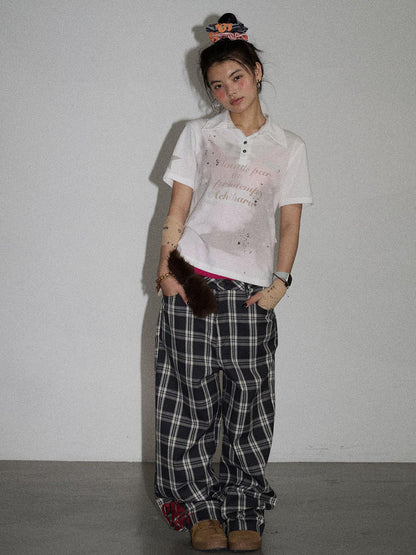 Achihara Mosaic Checkered Wide Leg Trousers With Embroidered Cuffs