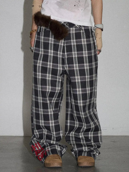 Mosaic Checkered Wide Leg Trousers With Embroidered Cuffs