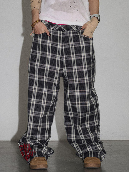 Achihara Mosaic Checkered Wide Leg Trousers With Embroidered Cuffs