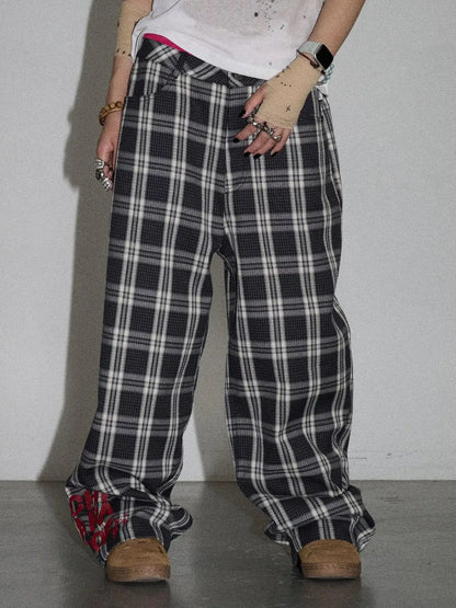 Mosaic Checkered Wide Leg Trousers With Embroidered Cuffs