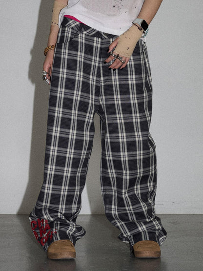 Achihara Mosaic Checkered Wide Leg Trousers With Embroidered Cuffs
