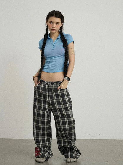 Mosaic Checkered Wide Leg Trousers With Embroidered Cuffs