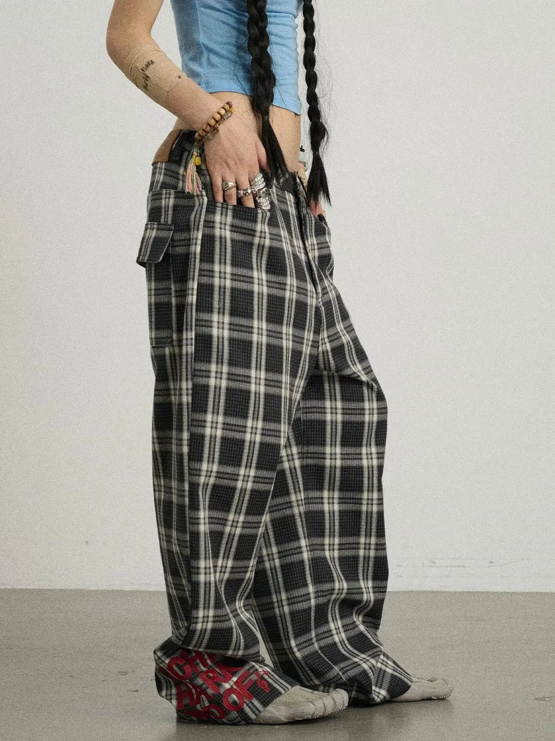 Mosaic Checkered Wide Leg Trousers With Embroidered Cuffs