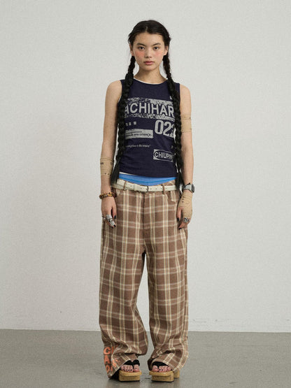 Achihara Mosaic Checkered Wide Leg Trousers With Embroidered Cuffs