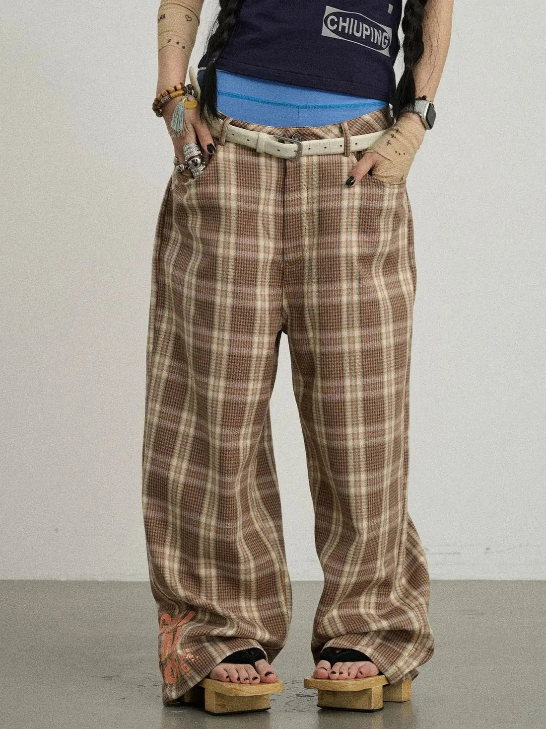 Mosaic Checkered Wide Leg Trousers With Embroidered Cuffs