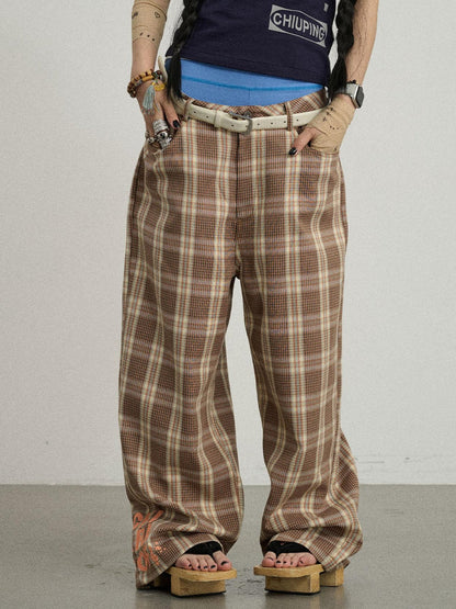 Achihara Mosaic Checkered Wide Leg Trousers With Embroidered Cuffs