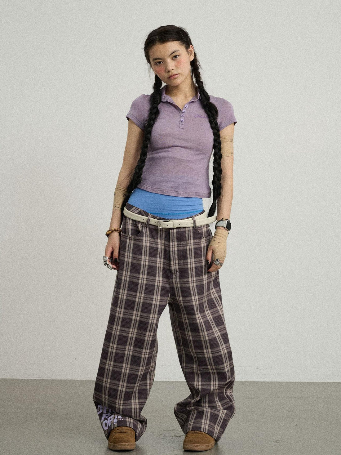 Achihara Mosaic Checkered Wide Leg Trousers With Embroidered Cuffs