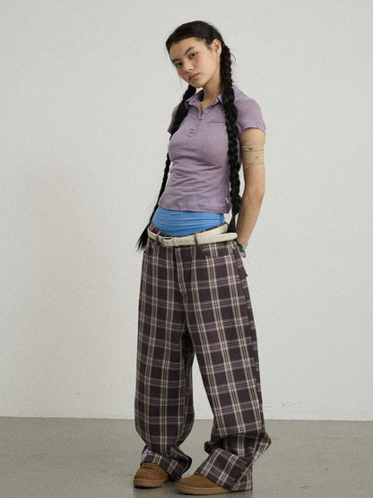 Mosaic Checkered Wide Leg Trousers With Embroidered Cuffs
