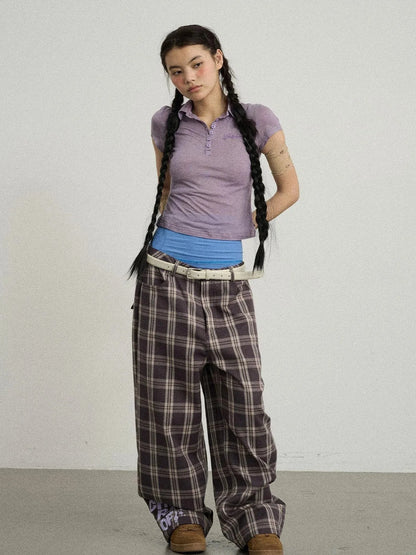 Mosaic Checkered Wide Leg Trousers With Embroidered Cuffs