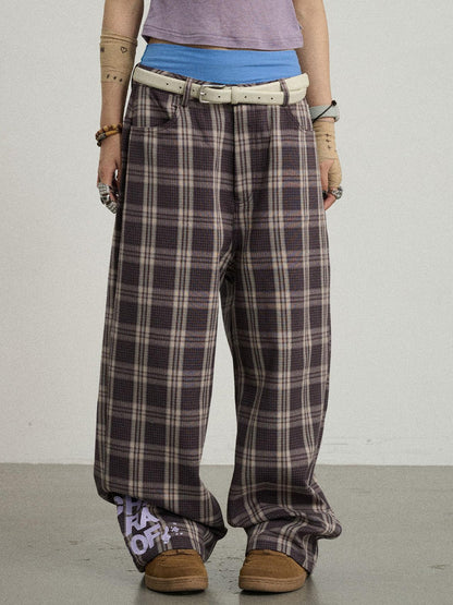 Achihara Mosaic Checkered Wide Leg Trousers With Embroidered Cuffs