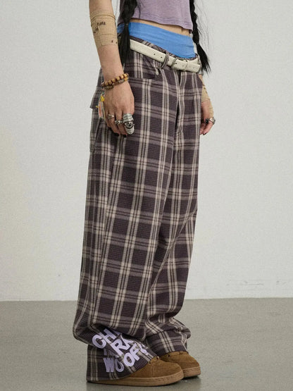 Mosaic Checkered Wide Leg Trousers With Embroidered Cuffs