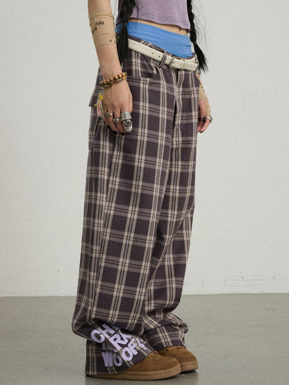 Achihara Mosaic Checkered Wide Leg Trousers With Embroidered Cuffs