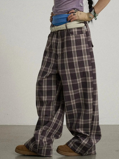 Mosaic Checkered Wide Leg Trousers With Embroidered Cuffs