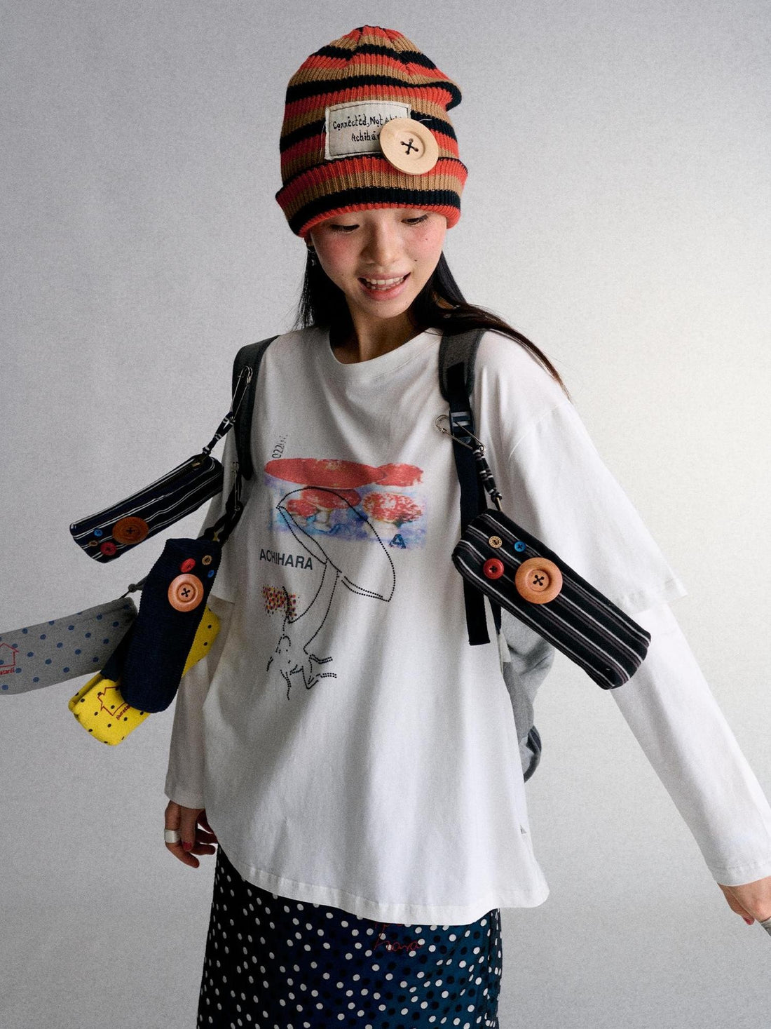 Achihara Mushroom Print Rhinestone Faux Layered Women&