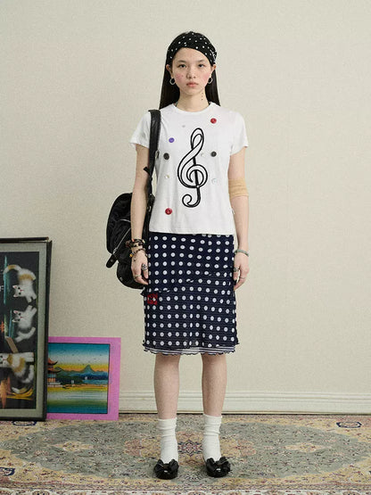 Achihara Music Button Embroidered Tee V Neck T Shirt Long Sleeve-1
