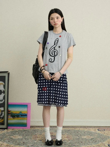 Music Button Embroidered Tee V Neck T Shirt Long Sleeve