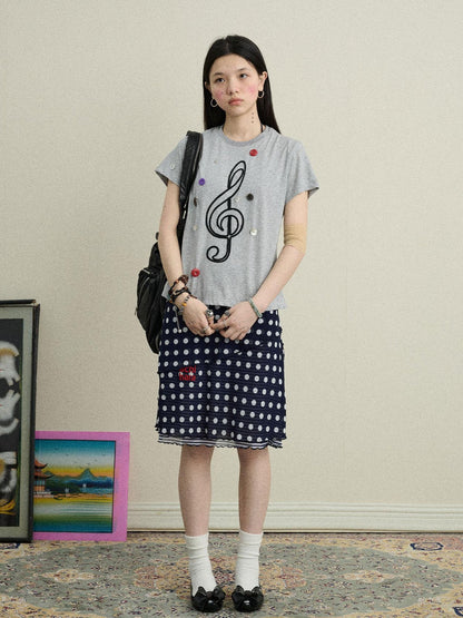 Achihara Music Button Embroidered Tee V Neck T Shirt Long Sleeve