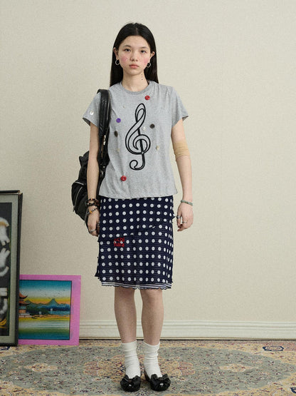 Achihara Music Button Embroidered Tee V Neck T Shirt Long Sleeve
