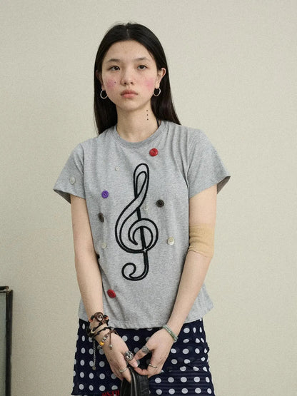 Music Button Embroidered Tee V Neck T Shirt Long Sleeve