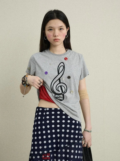 Music Button Embroidered Tee V Neck T Shirt Long Sleeve