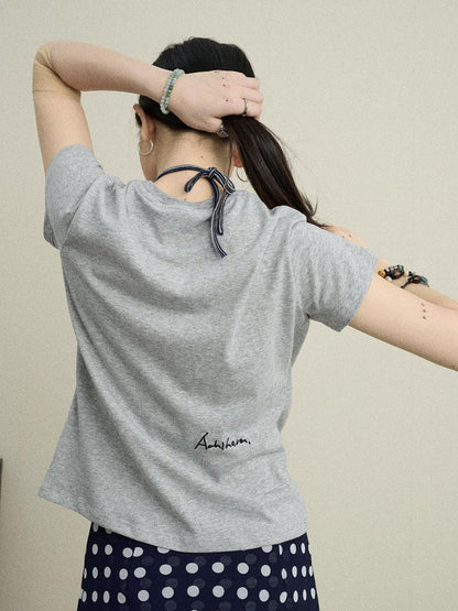 Achihara Music Button Embroidered Tee V Neck T Shirt Long Sleeve
