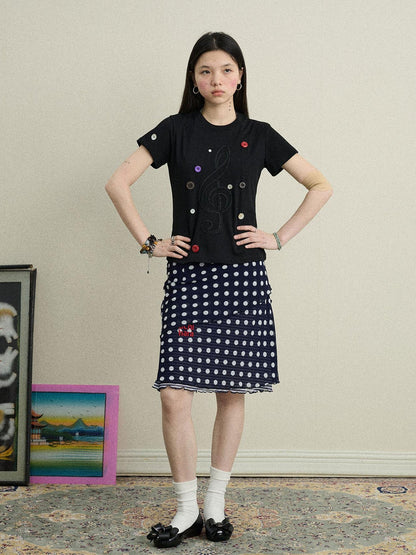 Achihara Music Button Embroidered Tee V Neck T Shirt Long Sleeve