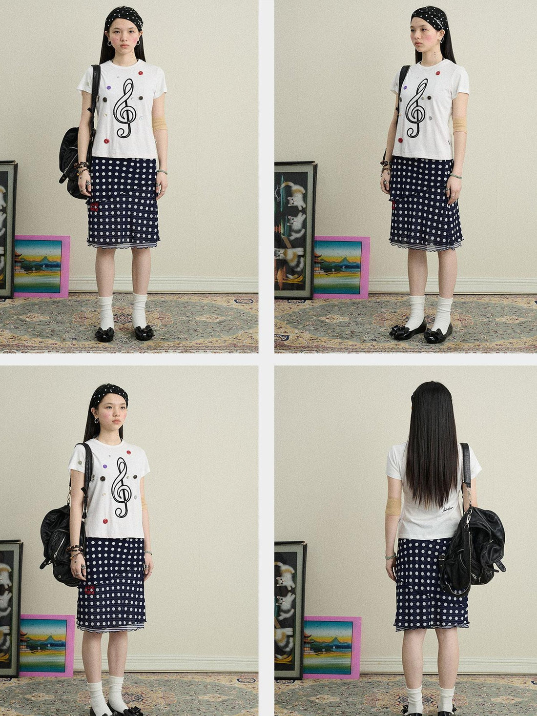 Achihara Music Button Embroidered Tee V Neck T Shirt Long Sleeve