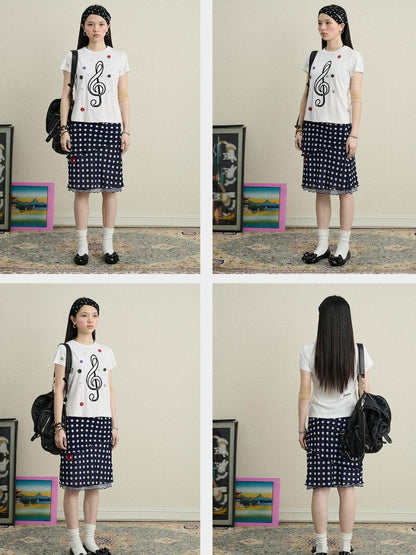 Achihara Music Button Embroidered Tee V Neck T Shirt Long Sleeve