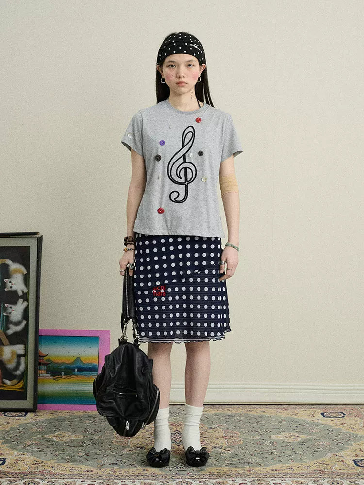 Achihara Music Button Embroidered Tee V Neck T Shirt Long Sleeve-2