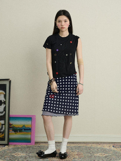 Achihara Music Button Embroidered Tee V Neck T Shirt Long Sleeve