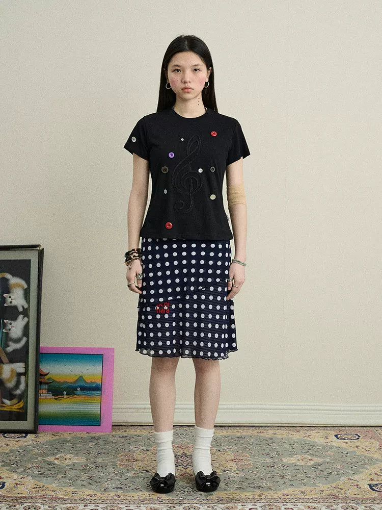 Achihara Music Button Embroidered Tee V Neck T Shirt Long Sleeve-3