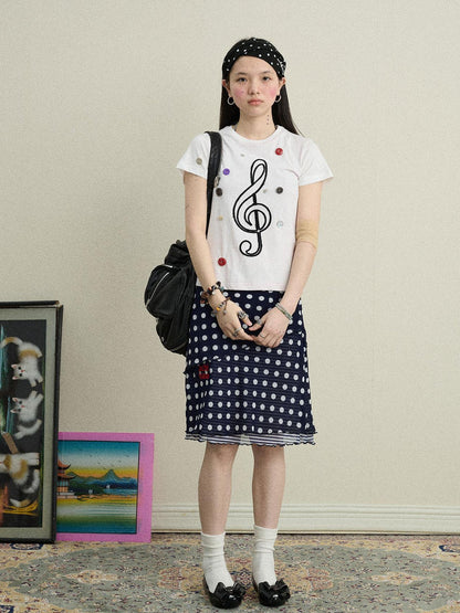 Achihara Music Button Embroidered Tee V Neck T Shirt Long Sleeve