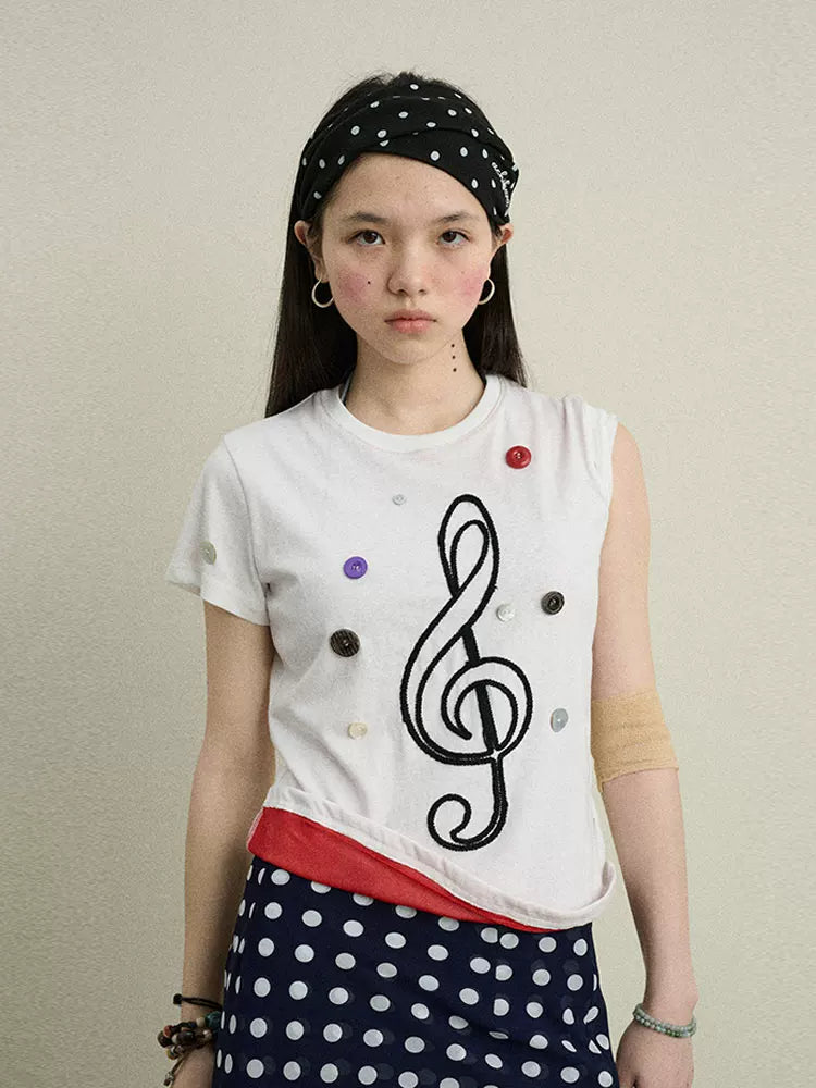 Achihara Music Button Embroidered Tee V Neck T Shirt Long Sleeve-4