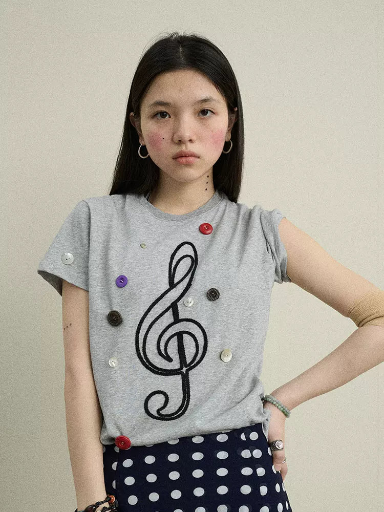 Achihara Music Button Embroidered Tee V Neck T Shirt Long Sleeve-5
